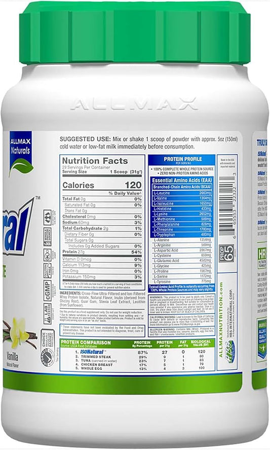 ALLMAX ISONATURAL Whey Protein Isolate, Vanilla 2 lb 27 Grams 99% Lactose 29 Servings
