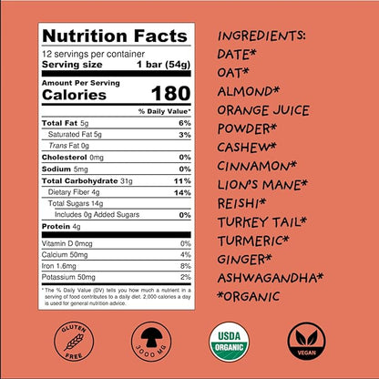WISE BAR Adaptogen Mushroom Nutrition Bars with Reishi, Lions Mane & Ashwagandha, Organic Vegan & Gluten Free Snacks for Natural Focus, Energy & Immunity Support, Cinnamon Turmeric Flavor, 12 Count