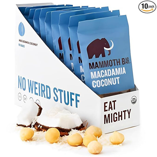 Mammoth Bar Macadamia Coconut Bar - Organic Snack Bar Packed with 10g Protein. Made with Premium Macadamia Nuts & Egg White Protein. Paleo • Gluten Free • GMO Free • Raw
