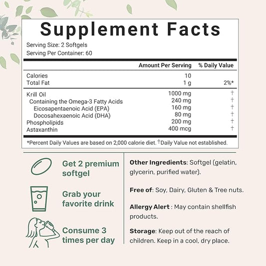 2 Pack Antarctic Krill Oil Supplement, 1000mg Per 120 Soft-Gels Omega-3s, EPA,