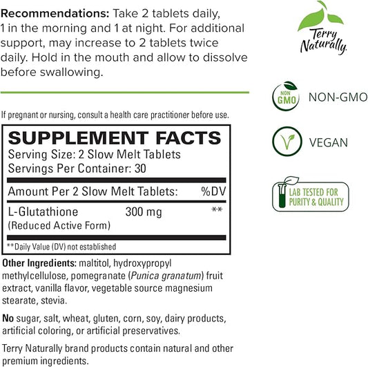 Terry Naturally Clinical Glutathione - 60 Slow Melt Tablets, Pack of 2 - Stable 300 mg L-Glutathione Supplement - Non-GMO, Vegan, Gluten Free - 60 Total Servings
