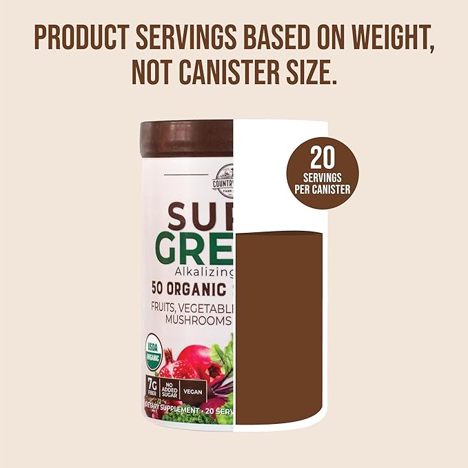COUNTRY FARMS Super Greens Chocolate Flavor, 50 Organic 20 Servings, 10.6 Oz