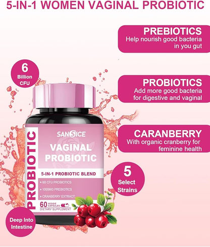Vaginal Probiotics Supplement for Women, 70mg Female V-Probiotic Blend(6B CFU), Lactobacillus with Prebiotic & Cranberry Extract for Vaginal Odor, pH Balance, Organic Prebiotic Supplement(60 Capsules)