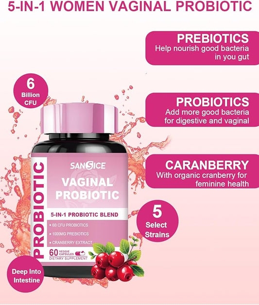 Vaginal Probiotics Supplement for Women, 70mg Female V-Probiotic Blend(6B CFU), Lactobacillus with Prebiotic & Cranberry Extract for Vaginal Odor, pH Balance, Organic Prebiotic Supplement(60 Capsules)