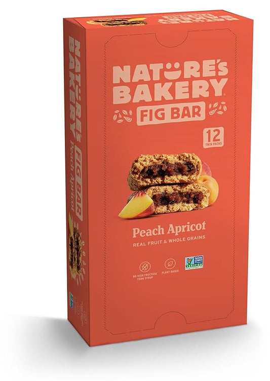 Nature’s Bakery Whole Wheat Fig Bars, Peach Apricot, Real Fruit, Vegan, Non-GMO, Snack bar, 1 box with 12 twin packs (12 twin packs)