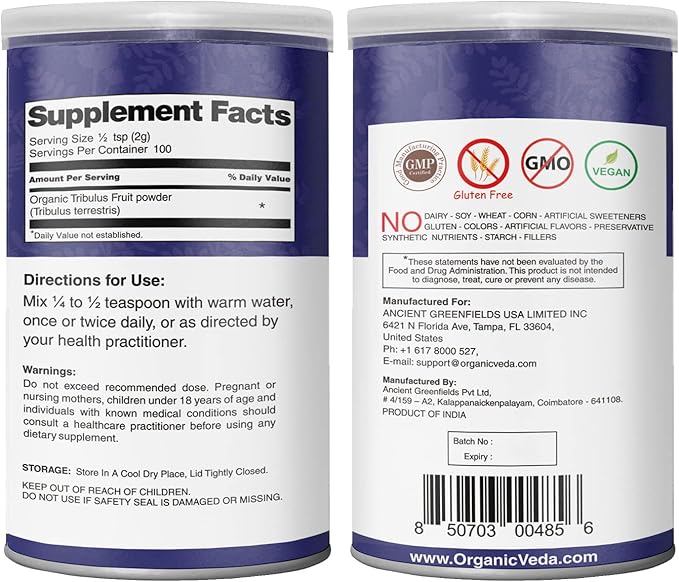 Organic Veda Tribulus Terrestris Powder 100% Pure 7oz