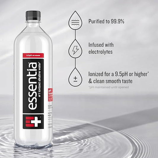 Essentia Water LLC , 99.9% Pure, Infused with Electrolytes for a Smooth Taste, pH 9.5 or Higher; Ionized Alkaline Water, Black, 42.3 Fl Oz (Pack of 12)