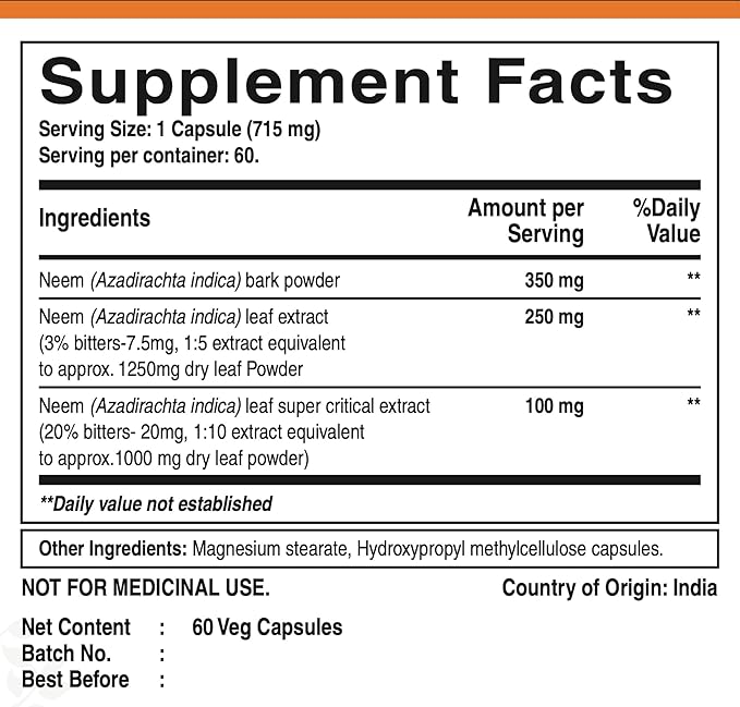 Pure Nutrition Neem Capsules 700mg, 60 2600mg Neem
