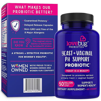 Lovebug Yeast + Vaginal pH Support | Clinically Studied Ingredients for Yeast & UTIs | Multi Strain 50 Billion CFU | 60 Capsules