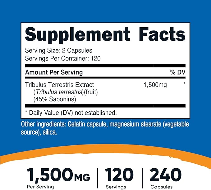 Nutricost Tribulus Terrestris Extract 1500mg, 240 Capsules 45% Saponins, 120 Servings,