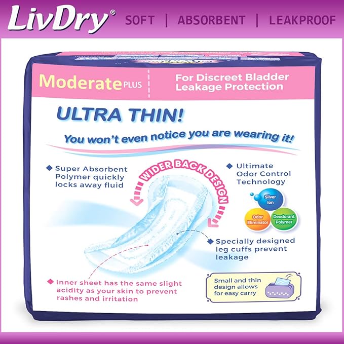 LivDry Incontinence Ultra Thin Pads for Women 14-Count)