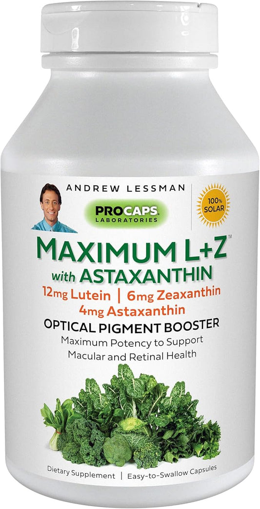 ANDREW LESSMAN Maximum L+Z with Astaxanthin 240 Softgels 12mg Lutein, 6mg Zeaxanthin, 4mg Astaxanthin.
