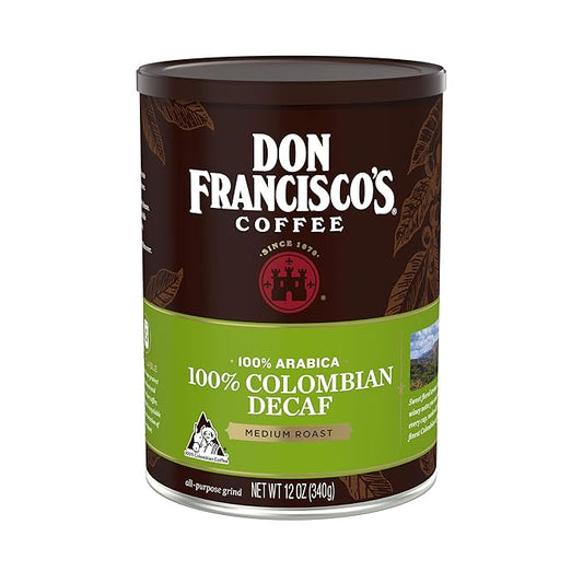 Don Francisco's Premium Decaf Colombia Supremo Ground Coffee: Rich, Aromatic 100% Arabica Beans - Family Crafted Flavored Coffee for a Delightful Morning Brew (12 oz Can)
