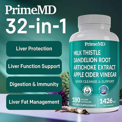 32-in-1 Liver Cleanse Detox & Repair with Milk Thistle and Silymarin, Artichoke Extract and Beetroot Powder for Liver Support with Active Liver Health Formula - 1426mg (180 ct, Pack of 2)