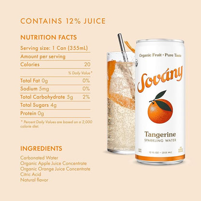Sovány Sparkling Water, Tangerine, Seltzer Water Drinks, USDA Organic, Made With Real Fruit, Non-GMO, Vegan, No Added Sugar, Low Calorie, 12 fl oz, 24 Pack