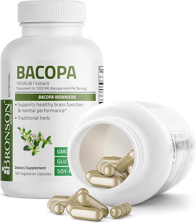 Bronson Bacopa Supports Healthy Brain Function and Mental Performance, Traditional Herb, Non-GMO, 180 Vegetarian Capsules