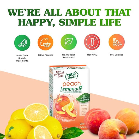 True Lemon Peach Lemonade Water Enhancer Drink Mix (10 Packets), Low Calorie Drink Mix Packets for Water, Powdered Drink Mixes & Flavorings, Individual Drink Packets, Water Flavor Packets with Stevia