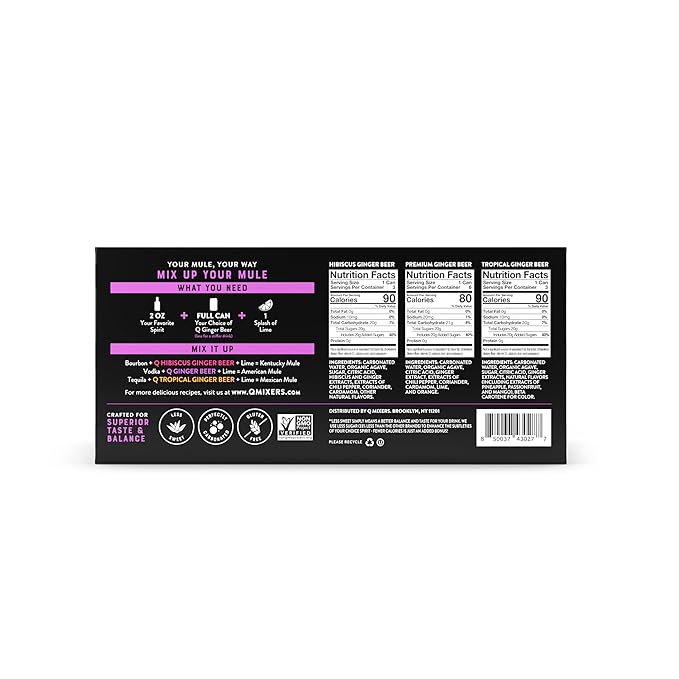 Q Ginger Beer Variety Pack (Q GINGER BEER, Q TROPICAL GINGER BEER, Q HIBISCUS GINGER BEER) - Ideal for Cocktails & Mocktails - Real Ingredients & Perfectly Carbonated - 7.5 Fl Oz Cans (Pack of 12)