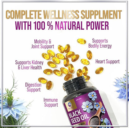 Black Seed Oil 1000mg - Premium Extra Strength Nigella Sativa Black Seed Oil - Black Cumin Seed Oil for Skin, Digestive Health & Immune Support - Non-GMO, Sugar Free & Bottled in USA - 60 Softgels