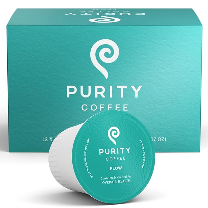Purity Coffee FLOW Medium Roast Organic Coffee - USDA Certified Organic Specialty Grade Arabica Single-Serve Coffee Pods - Third Party Tested for Mold, Mycotoxins and Pesticides - 12 ct Box