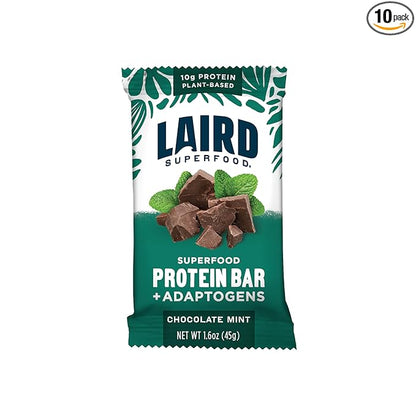 Laird Superfood Functional Protein Bars – Protein Bar but Better with Real Ingredients, Functional Mushrooms 10g Plant-Based Protein, 6g Fiber - Non-GMO - Mint Chocolate, 10 Count (Pack of 1)