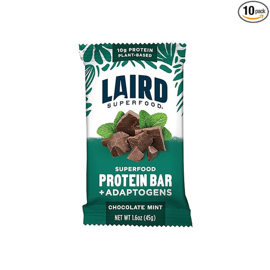 Laird Superfood Functional Protein Bars – Protein Bar but Better with Real Ingredients, Functional Mushrooms 10g Plant-Based Protein, 6g Fiber - Non-GMO - Mint Chocolate, 10 Count (Pack of 1)