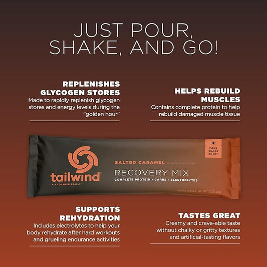 Tailwind Nutrition Recovery Mix, Complete Protein, Carbohydrates, and Electrolytes Powder Drink Mix for Post-Workout, Free of Gluten, Soy, and Dairy, Vegan, 12 Servings, Salted Caramel