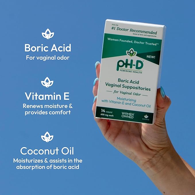 pH-D Feminine Health Support - Boric Acid Moisturizing Suppository - Woman Owned - for Vaginal Odor - Paraben-Free and Cruelty-Free - 14 Count