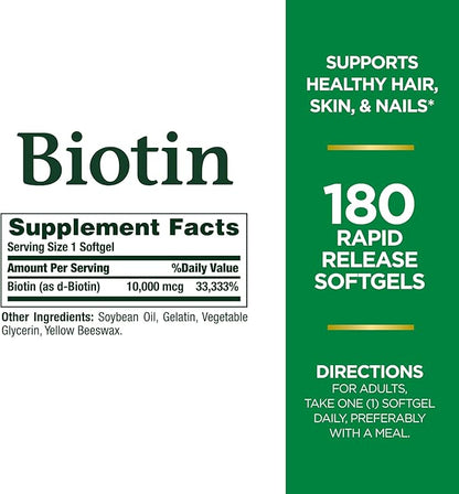 Nature's Bounty Biotin, Supports Healthy Hair, 10,000 mcg, 180 Ct