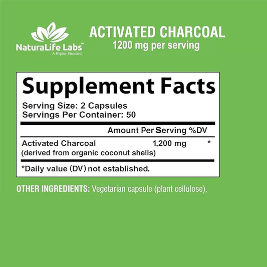 Activated Charcoal Capsules - 1,200 mg Highly Absorbent Helps Alleviate Gas & Bloating Promotes Natural detoxification Derived from Coconut Shells - per Serving - 100 Vegan Capsules