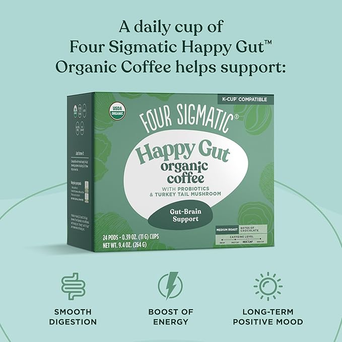 Four Sigmatic Happy Gut Organic Coffee Pods | Medium Roast Probiotic K Cups with Chaga and Turkey Tail | Immune Boosting, Probiotic Mushroom Coffee K Cups for Gut Health and Immune Support | 24 Count