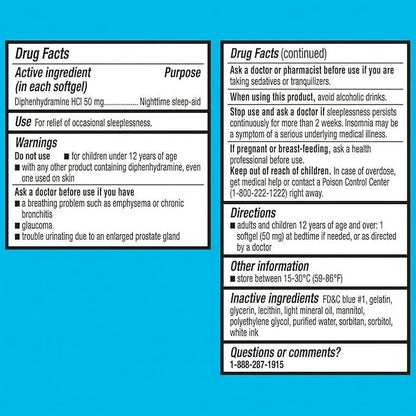 Diphenhydramine 50mg- Equate softgels Maximum Strength 100ct (Pack 1), Boxed