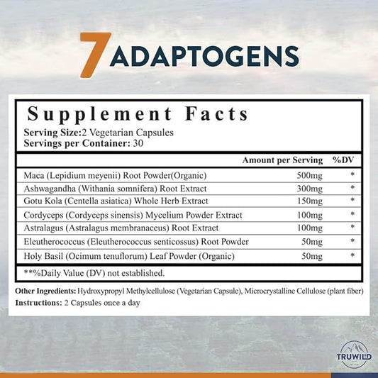 TruWild Adaptogen Blend with Cordyceps Maca Ashwagandha 7 Key 60 Capsules