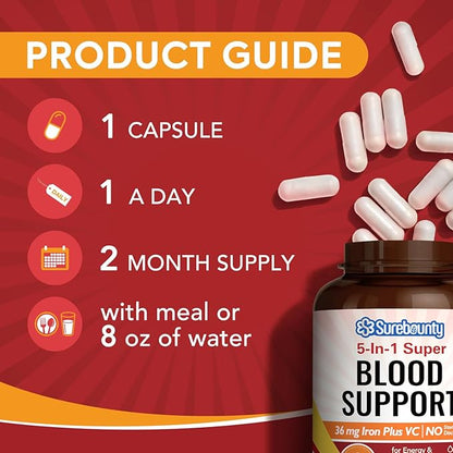 Iron Supplement, Iron Bisglycinate with Folate, B6, B12, B12, 5-in-1 5-in-1 Blood 60 Capsules