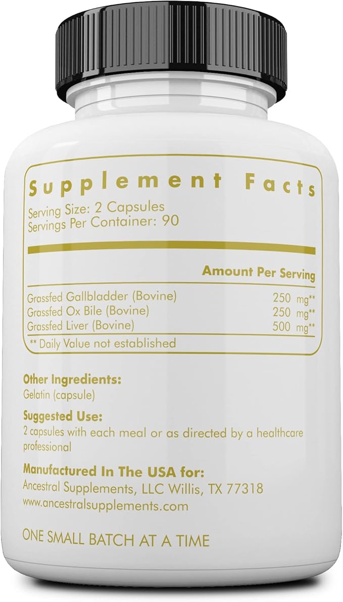Ancestral Supplements Grass Fed Beef Gallbladder 1000mg, Liver 180 Capsules