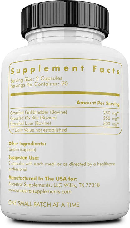 Ancestral Supplements Grass Fed Beef Gallbladder 1000mg, Liver 180 Capsules