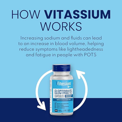 Vitassium Electrolyte Capsules, Electrolytes for The Management of POTS and High Sodium Diets (500mg Sodium - 100mg Potassium), Unflavored, 200 Salt Pills (Size 0)