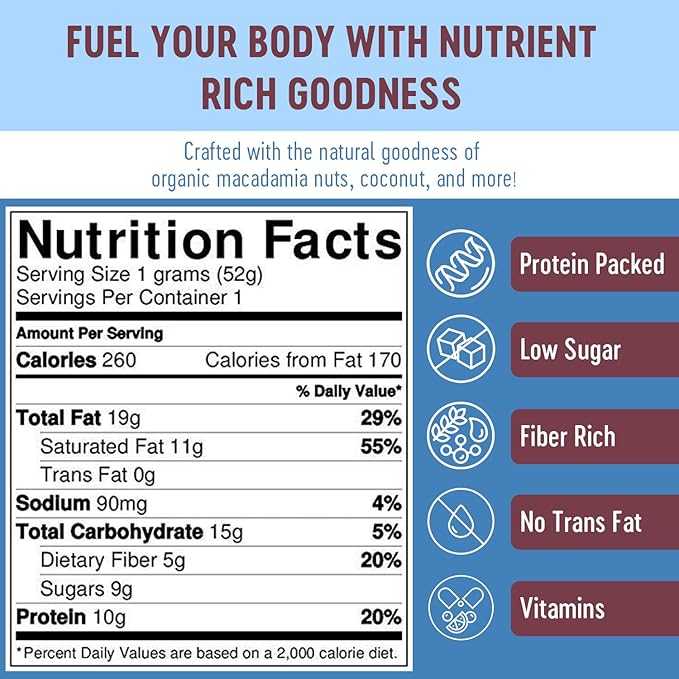 Mammoth Bar Macadamia Coconut Bar - Organic Snack Bar Packed with 10g Protein. Made with Premium Macadamia Nuts & Egg White Protein. Paleo • Gluten Free • GMO Free • Raw