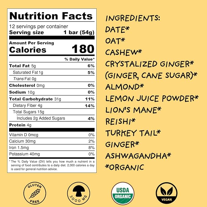 Wise Bar Adaptogen Mushroom Nutrition Bars with Reishi, Lions Mane & Ashwagandha, Organic Vegan & Gluten Free Snacks for Natural Focus, Energy & Immunity Support, Lemon Ginger Flavor, 12 Count