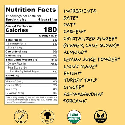 Wise Bar Adaptogen Mushroom Nutrition Bars with Reishi, Lions Mane & Ashwagandha, Organic Vegan & Gluten Free Snacks for Natural Focus, Energy & Immunity Support, Lemon Ginger Flavor, 12 Count