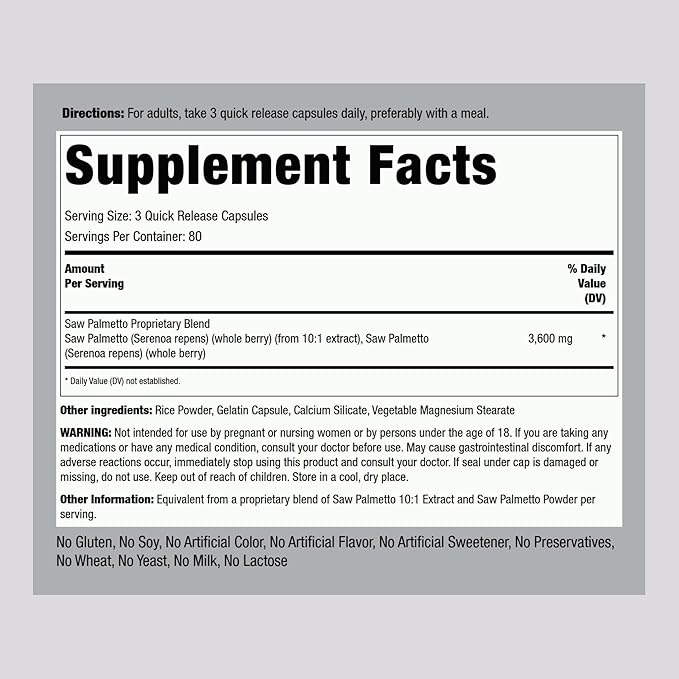 Piping Rock Saw Palmetto Extract 3600mg | 240 Capsules | for Men and Women | Non-GMO, Gluten Free Supplement