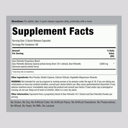 Piping Rock Saw Palmetto Extract 3600mg | 240 Capsules | for Men and Women | Non-GMO, Gluten Free Supplement
