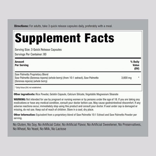 Piping Rock Saw Palmetto Extract 3600mg | 240 Capsules | for Men and Women | Non-GMO, Gluten Free Supplement