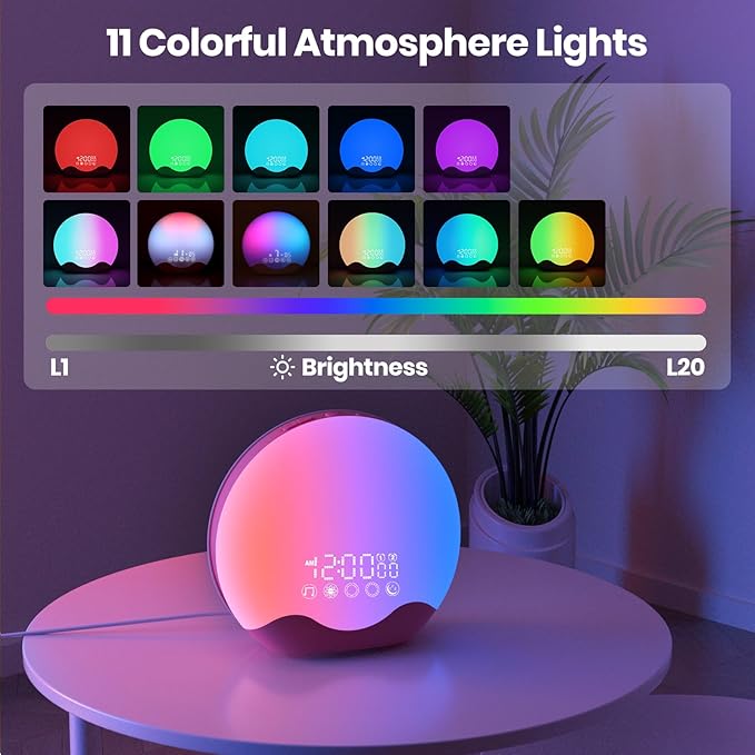 Wake up Light, Sunrise Alarm Clock 10,000 Lux 20 Brightness 4 Color 11 Color