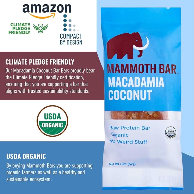 Mammoth Bar Macadamia Coconut Bar - Organic Snack Bar Packed with 10g Protein. Made with Premium Macadamia Nuts & Egg White Protein. Paleo • Gluten Free • GMO Free • Raw