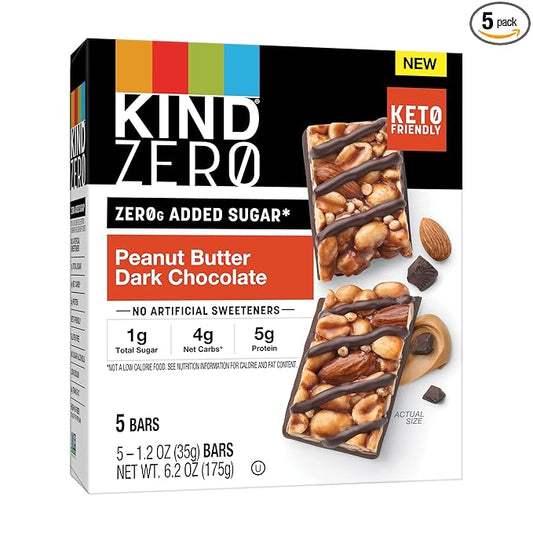 KIND ZERO Added Sugar Bars, Keto Snack, Peanut Butter Dark Chocolate, Good Source of Fiber, Gluten Free, Low Sugar, 5g Protein, 5 Count