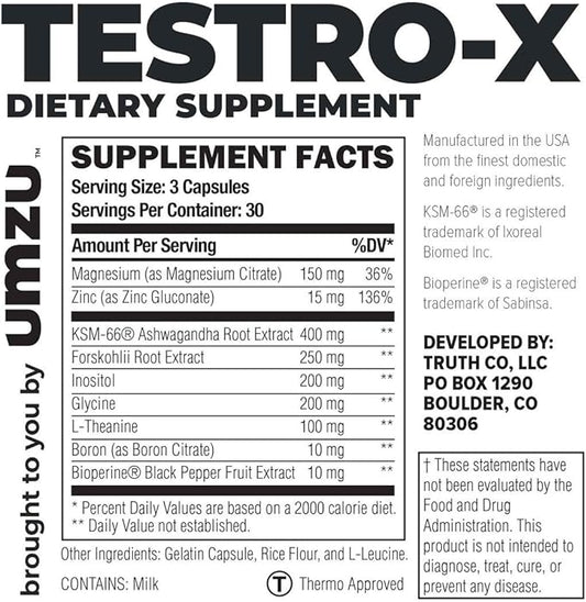 UMZU Testro-X Testosterone Supplement for Men | Support Energy, Strength, Stamina & Healthy T Levels (30 Day Supply | 90 Capsules)