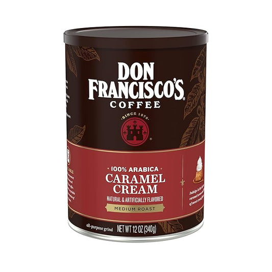 Don Francisco's Caramel Cream Ground Flavored Coffee: Rich, Aromatic 100% Arabica Beans - Expertly Roasted for a Delightful Morning Brew (12 oz Can)