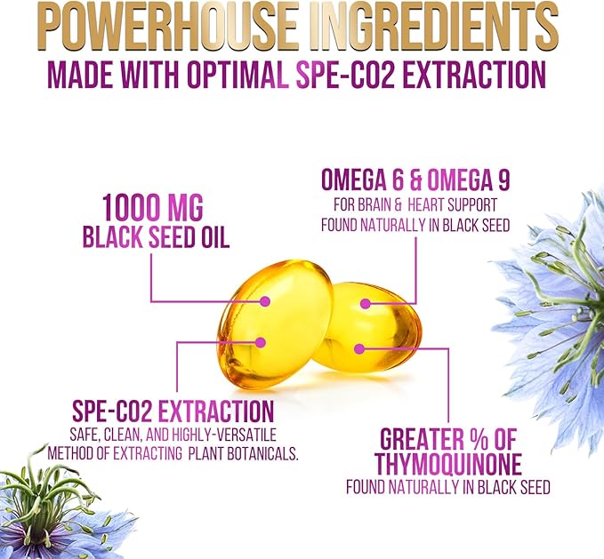 Black Seed Oil 1000mg - Premium Extra Strength Nigella Sativa Black Seed Oil - Black Cumin Seed Oil for Skin, Digestive Health & Immune Support - Non-GMO, Sugar Free & Bottled in USA - 60 Softgels