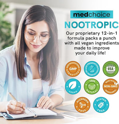12-in-1 Nootropic Brain Supplement with Caffeine B12, Alpha 1321mg (60ct) (60ct)